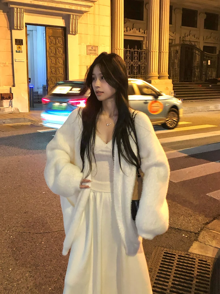 

Adan ort Knitted Sweater Women's Loose Fit Thiened Warm Faux Mink Coat Casual Sle Commute Suitable f Open Collar