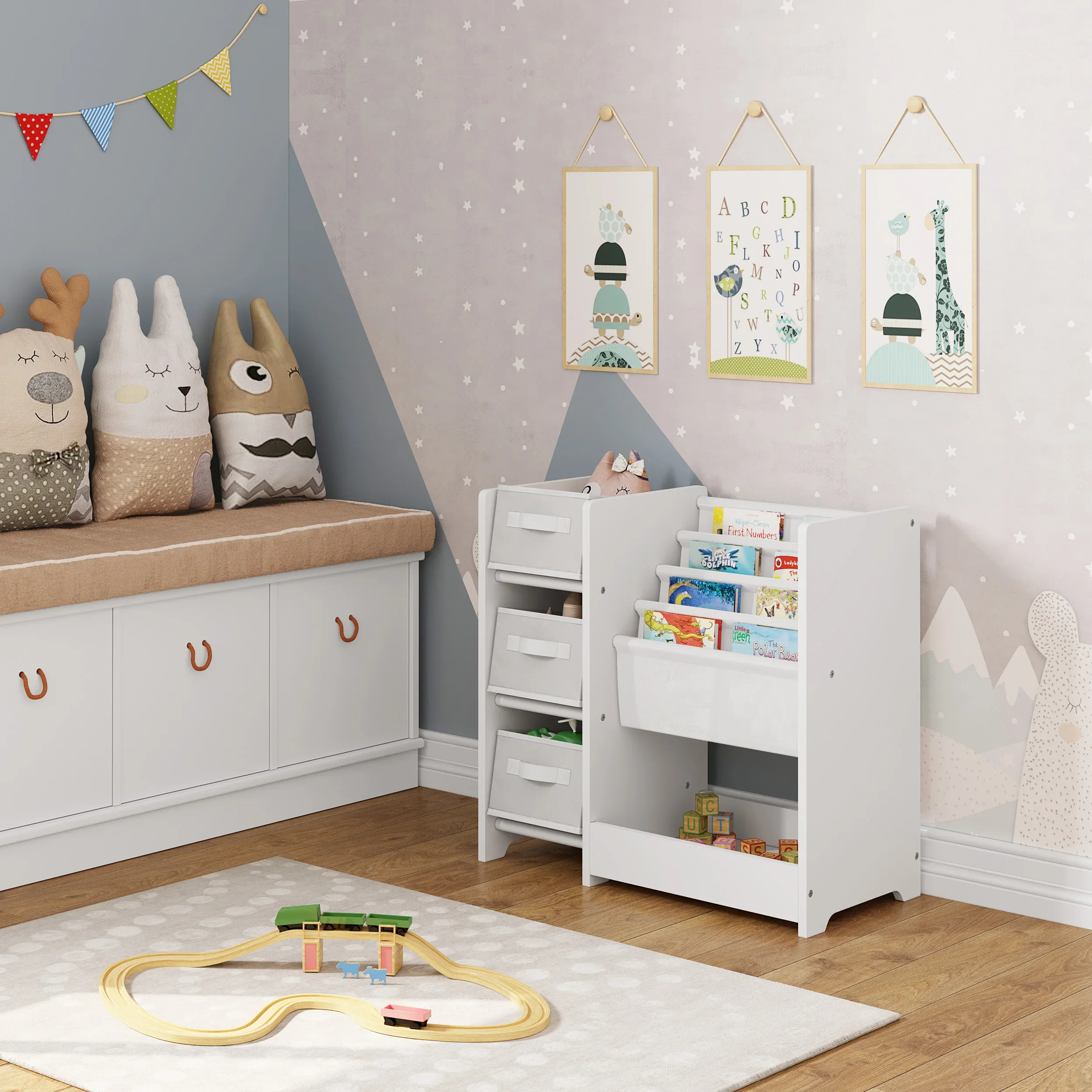 Estante branca para crianças, organizador de brinquedos, jardim de infância, 3 caixas de armazenamento, rack de estudo para quarto infantil, sala de jogos