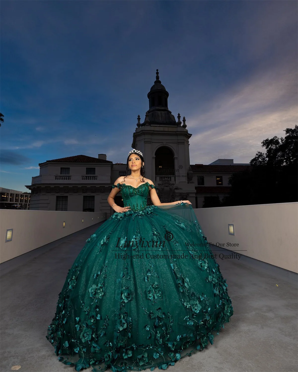 Green 3D Floars Ball Gown Quinceanera Dress Off Shoulder Appliques Lace Vestidos XV De 15 Años With Long Cape Sweet 16 Dress