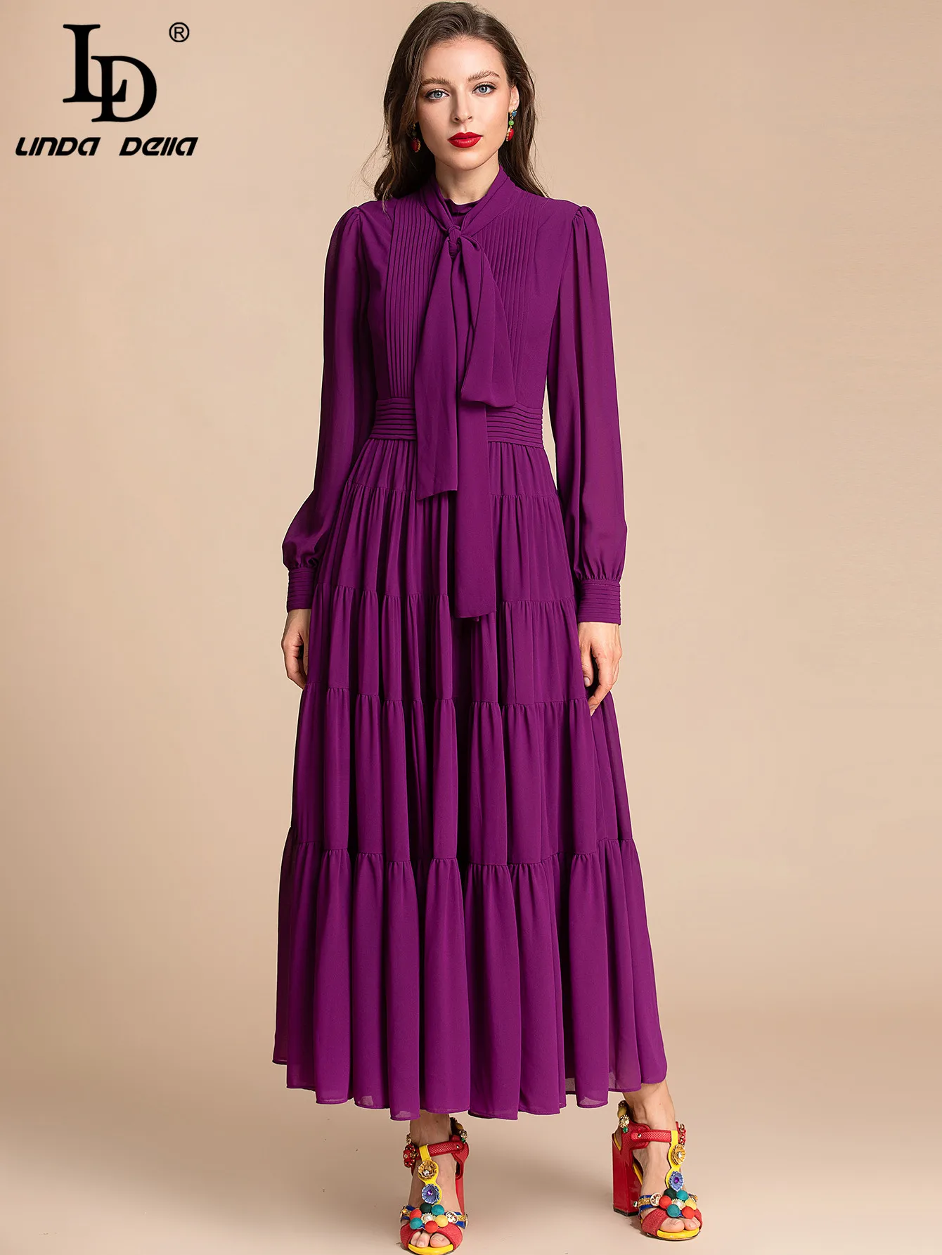 LD LINDA DELLA Fashion Runway Autumn Maxi Dress Women Bow tie Long sleeve Purple Elegant Long Party Dress Vestidos