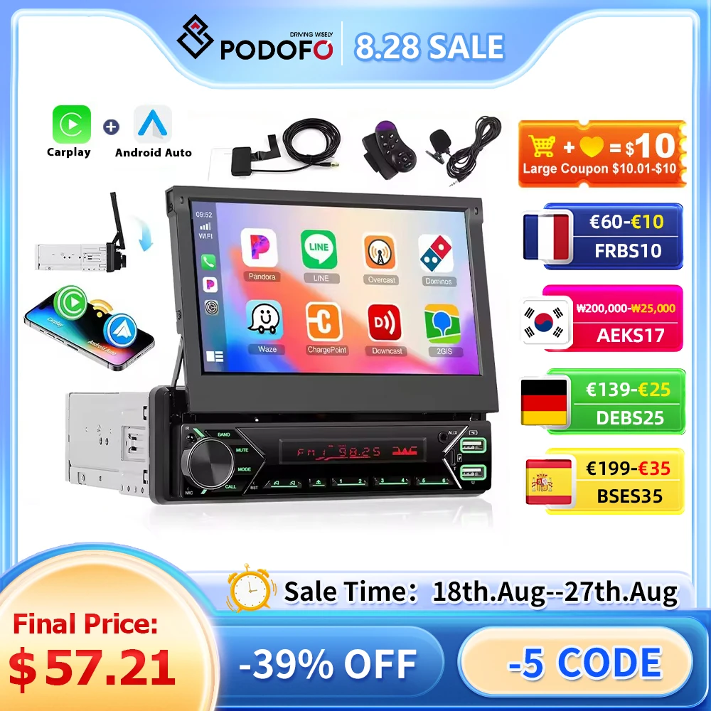 Podofo DAB + 1Din 7 '' Lettore MP5 Schermo retrattile automatico/manuale Lettore multimediale Carplay Android Auto Type-C Stereo per auto