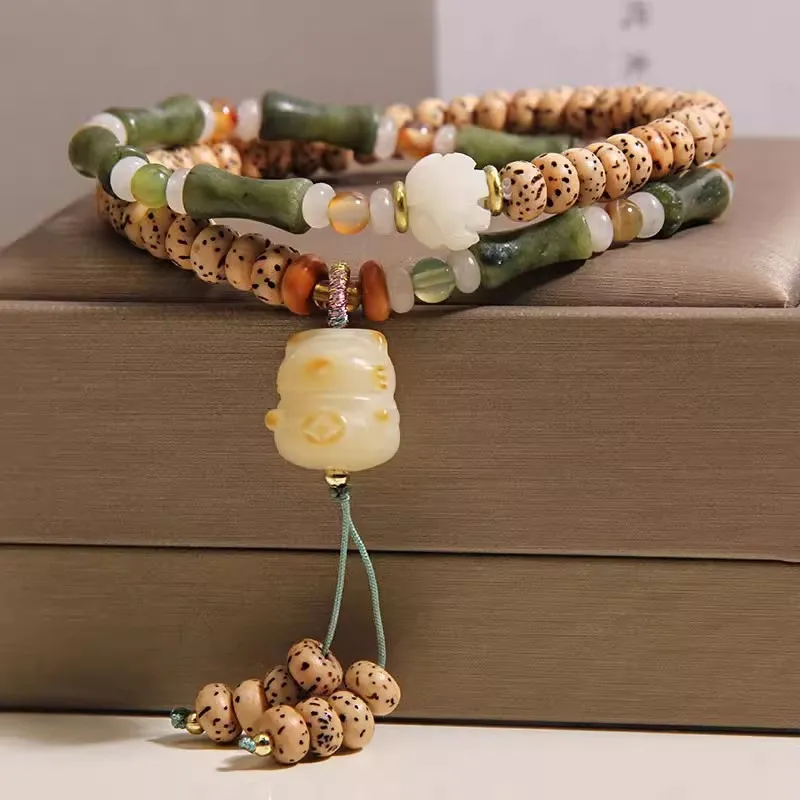 Starry Moon Bodhi Jade Bamboo Knot Double layer Bracelet, Light Luxury, Small and Popular, Lucky Cat Pendant, Hand String
