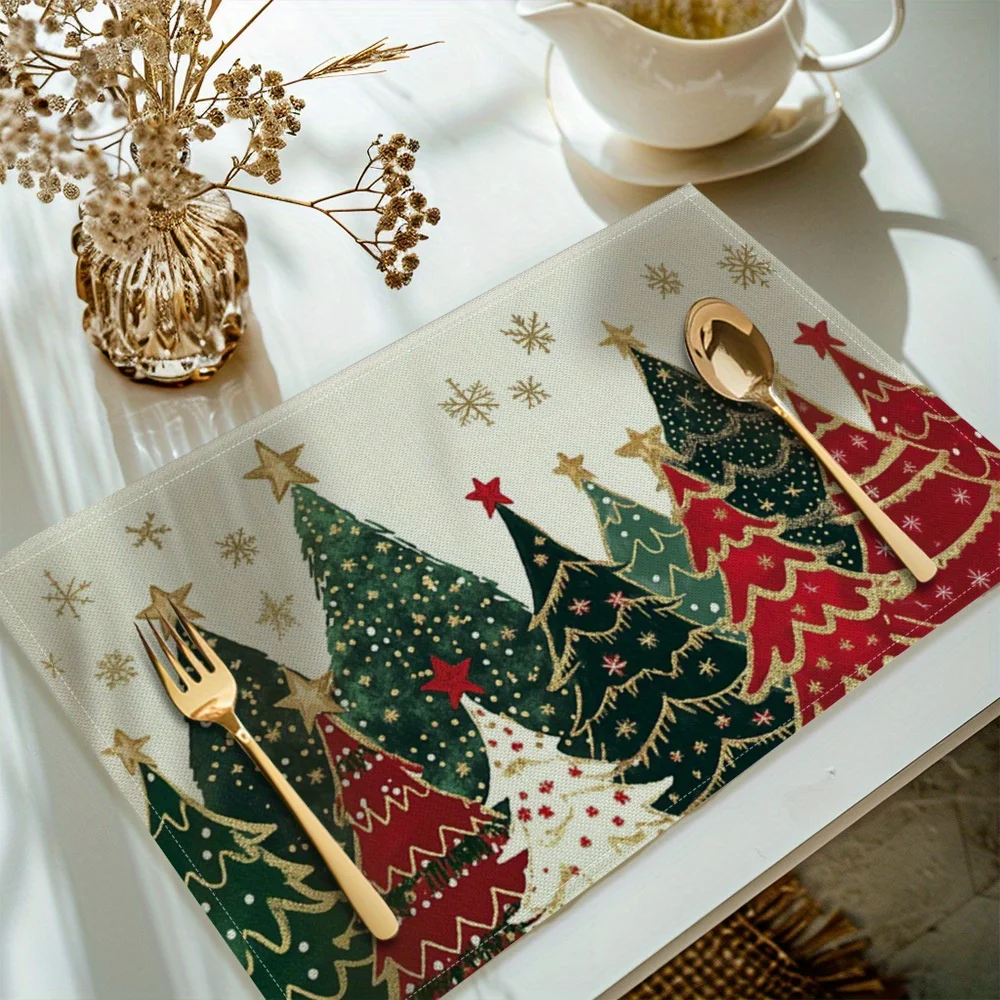 4PCS Festive Christmas Tree and Snowflake Placemats Festive Linen Table Mat for Holiday Dining and Kitchen Decor Home Party Use