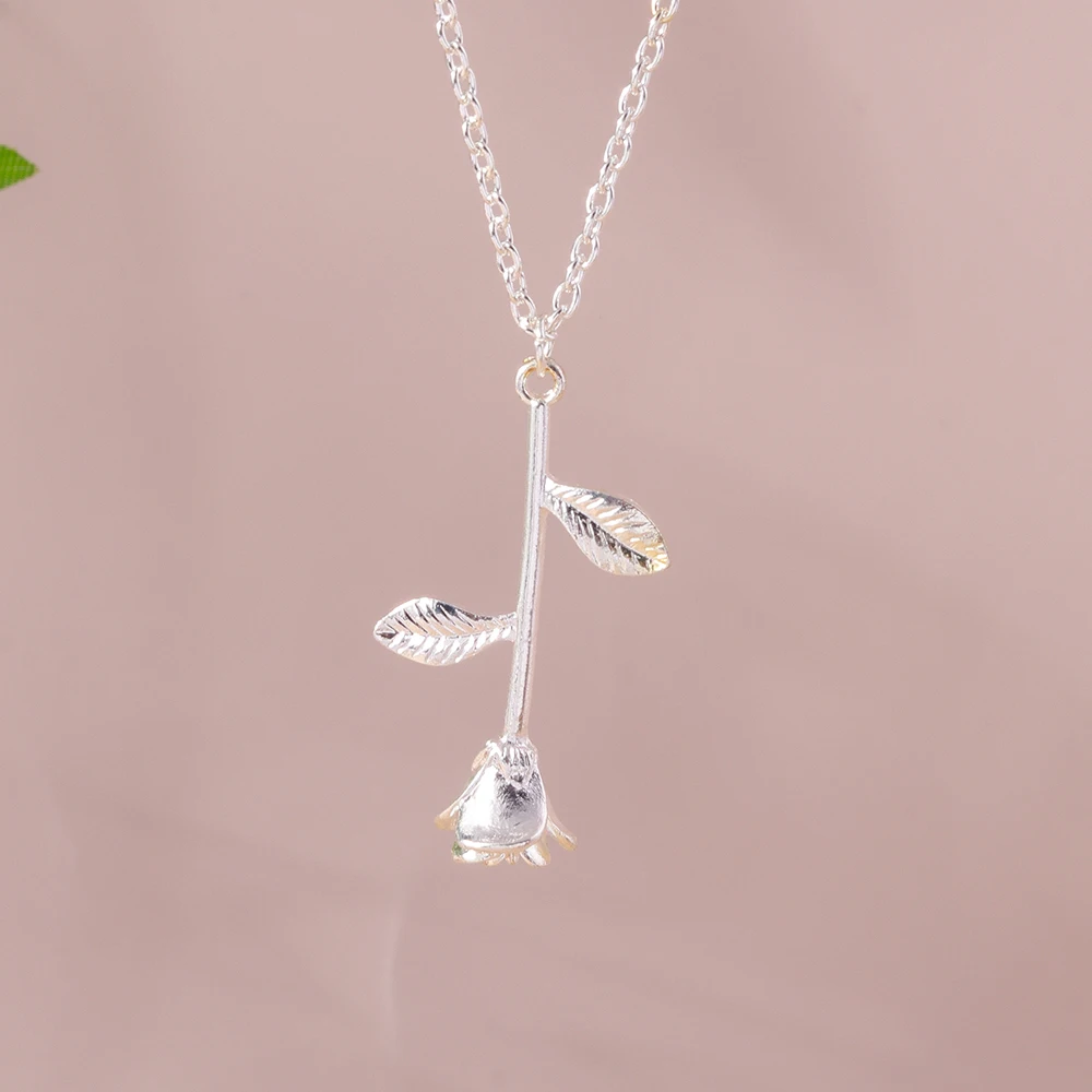 Aihua Silver Color Rose Flower Necklace For Women Beauty and the Beast Pendant Necklaces Boho Jewelry Valentine's Day Gifts