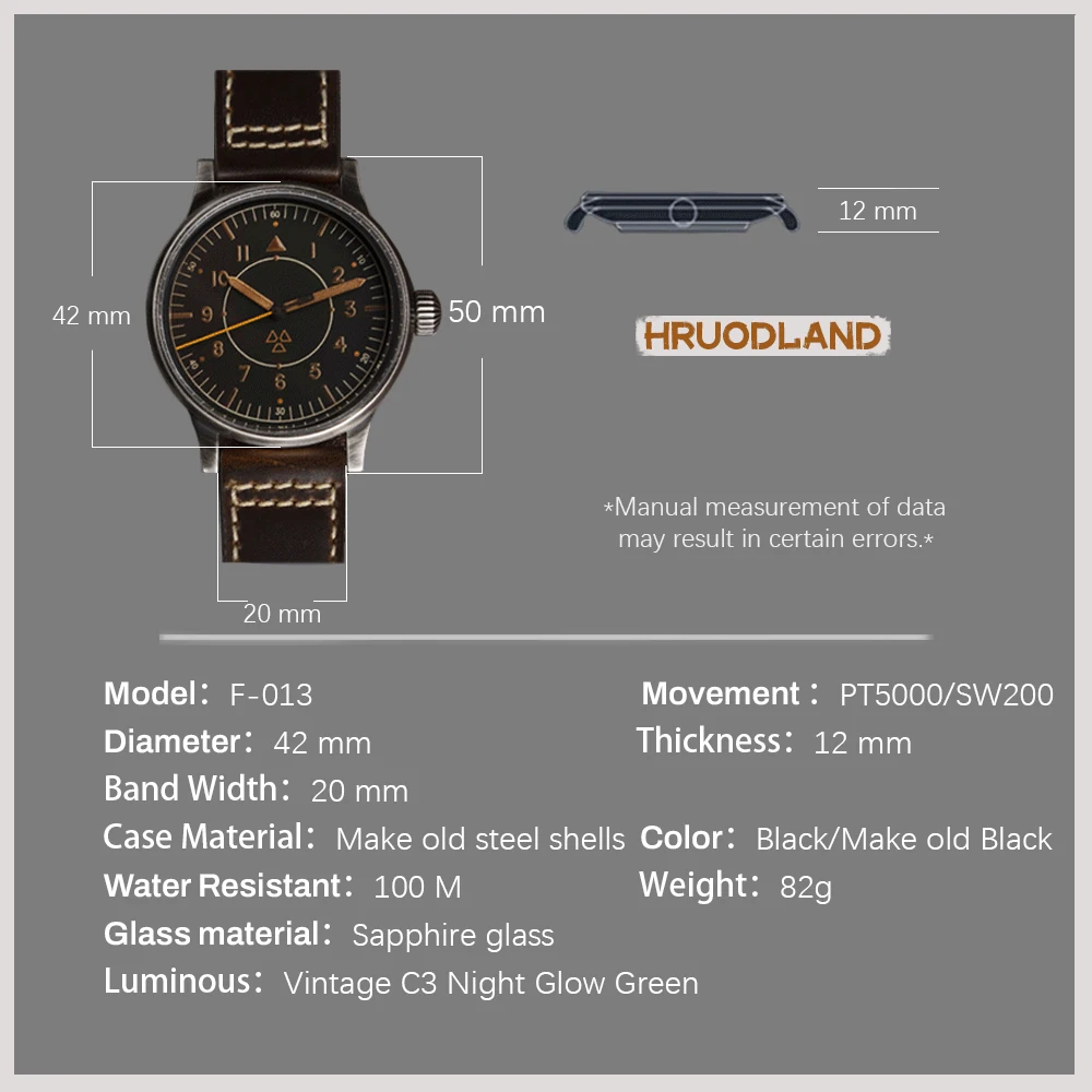 2024 Hruodland Men Vintage Pilot automatyczny zegarek mechaniczny PT5000 SW200 szafirowe szkło 100M zegarek wodoodporny reloj hombre