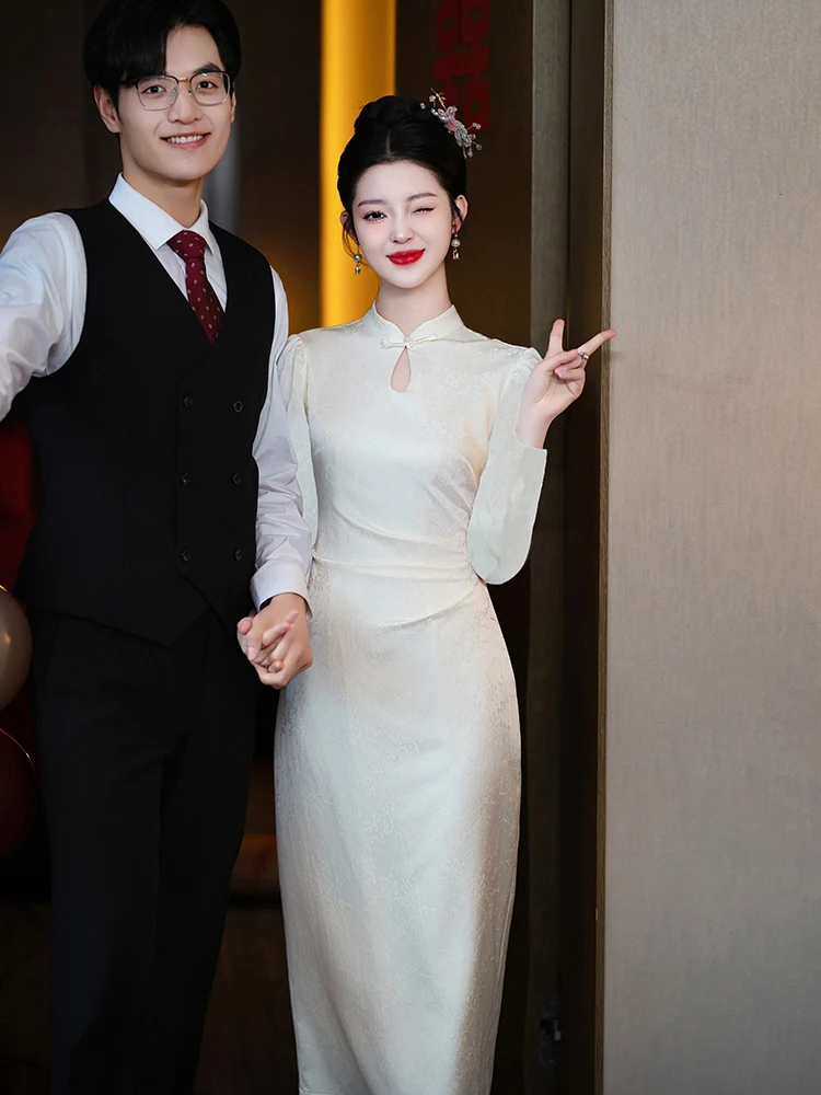 

White Long Sve Engagement Dr Wedding Dr New Bride Small Size Autumn Winter Polyester Spandex Zipper Sle