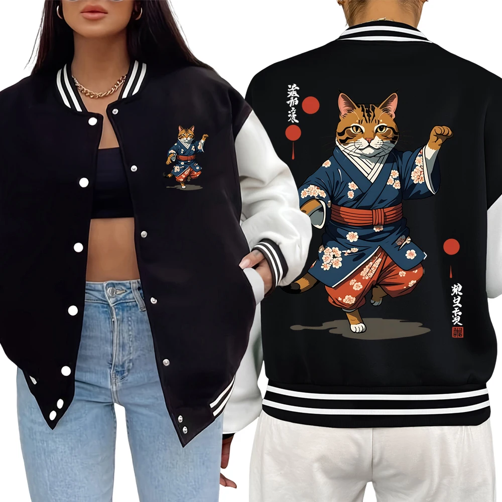 

Harajuku Kung Fu Cat Pattern Baseball Jersey Women Cartoon Fashion Jackets Loose Comfortable Streetwear Casual American Jacket