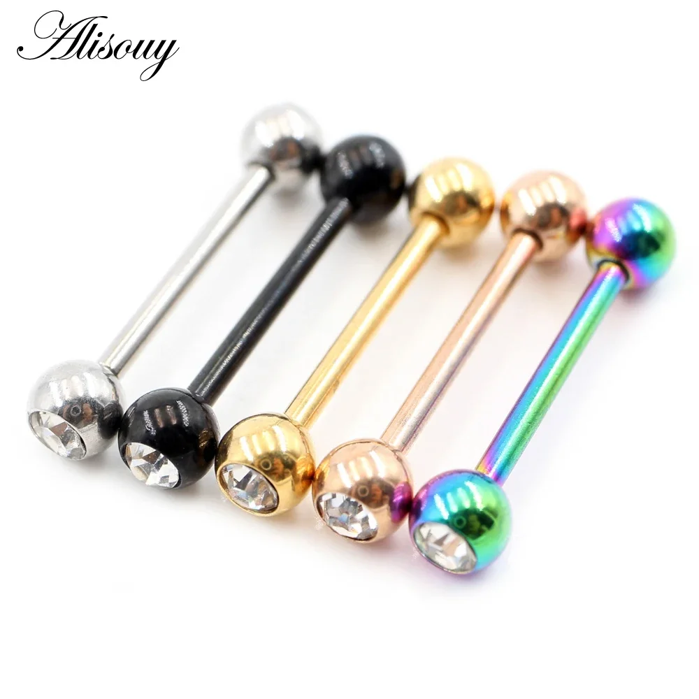 2 Pieces 14G/16G Cubic Zircon Ball Stainless Steel Tongue Rings Piercing Septum Industrial Barbell Earrings Stud Body Jewelry