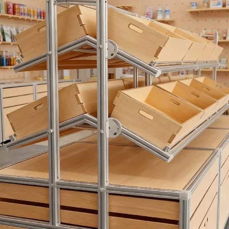 custom.Aluminum-framed Wooden Bulk Food Display Stand Tilt-Out Bins Lockable Cabinets LED Lighting Customizable Supermarkets