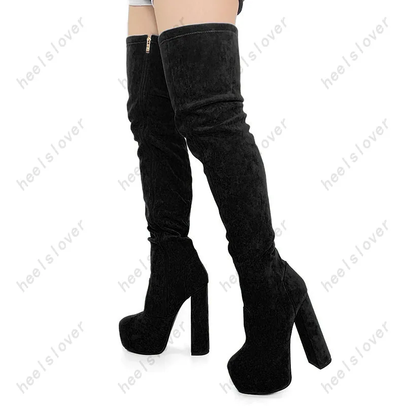 Ahhlsion New Women Winter Thigh Boots Side Zipper Chunky Heels Round Toe Beautiful Blue Red Cosplay Shoes Ladies US Size 5-20