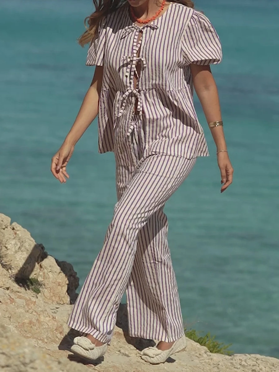 Women's Summer Loungewear Set Stripe Print Short Puff Sleeve Tie Front Tops with Elastic Waist Pants