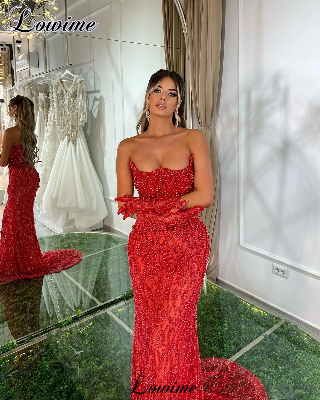 Red Mermaid Cocktail Dresses With Pearls Strapless Sexy Prom Dresses For Women Wedding Party Dresses Vestidos De Cóctel Custom