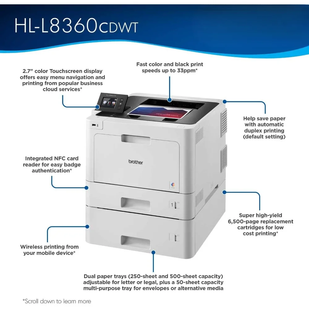 Printer HLL8360CDWT Business Color Laser Printer with Duplex Printing, Wireless Networking and Dual Trays