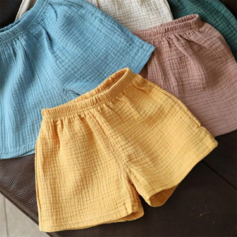 Cotton Linen Kids Girls Shorts Solid color Summer Boys Five-point Pants for Children\'s Baby Clothing