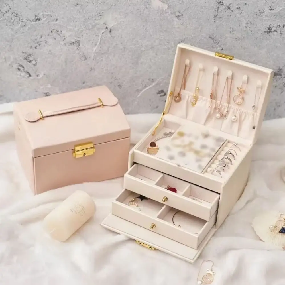 

Leather Jewelry Box Large Capacity Multi-Layer Jewelry Organizer Drawer style with Lock Earrings Bracelets Display Stand Woman