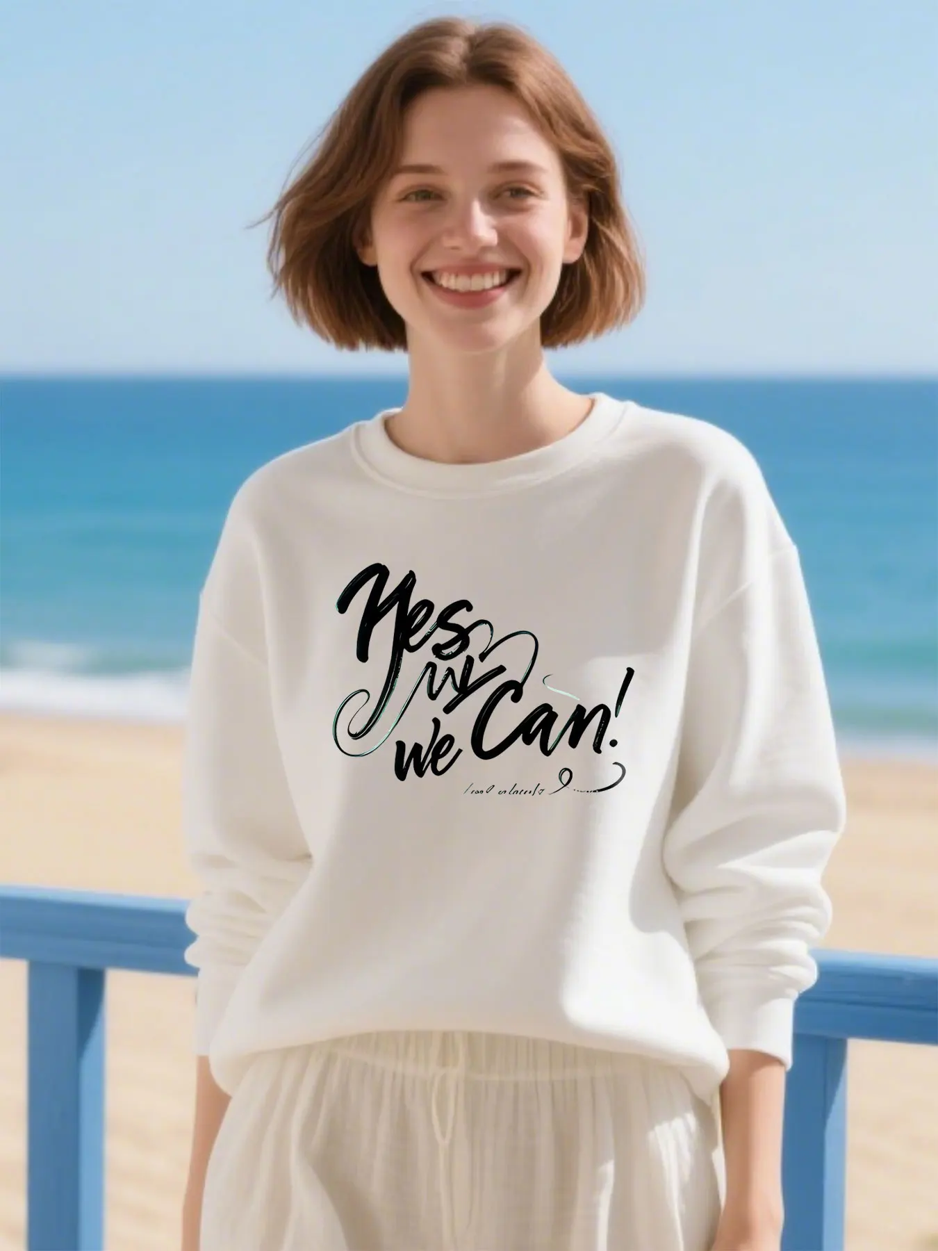 Yes We Can Slogan Print Fleece Crewneck Sweatshirt Soft Comfort Christmas Gift
