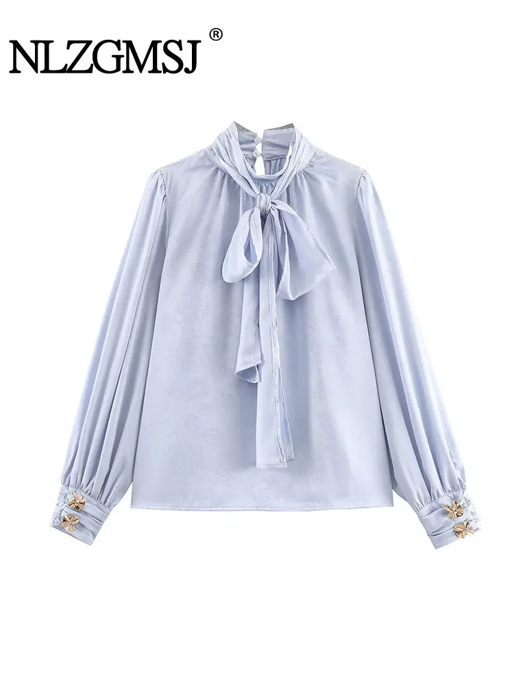 

NLZGMSJ Women Blouse 2026 Spring Long Sleeve O-Neck Bow Lace Up Loose Shirt Female Casual Top Y2K