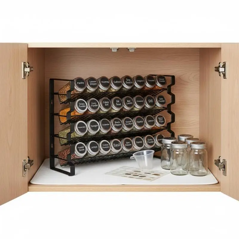 

Seasoning Storage Shelf 18x11 in For Kitchen Countertop Pantry Cupboard, 36 Glass Bottles Shaker Lids Pre-printed Labels Collapsible Funnel Included Carbon Steel Structure Multi-tier Design Large Capacity Organization System