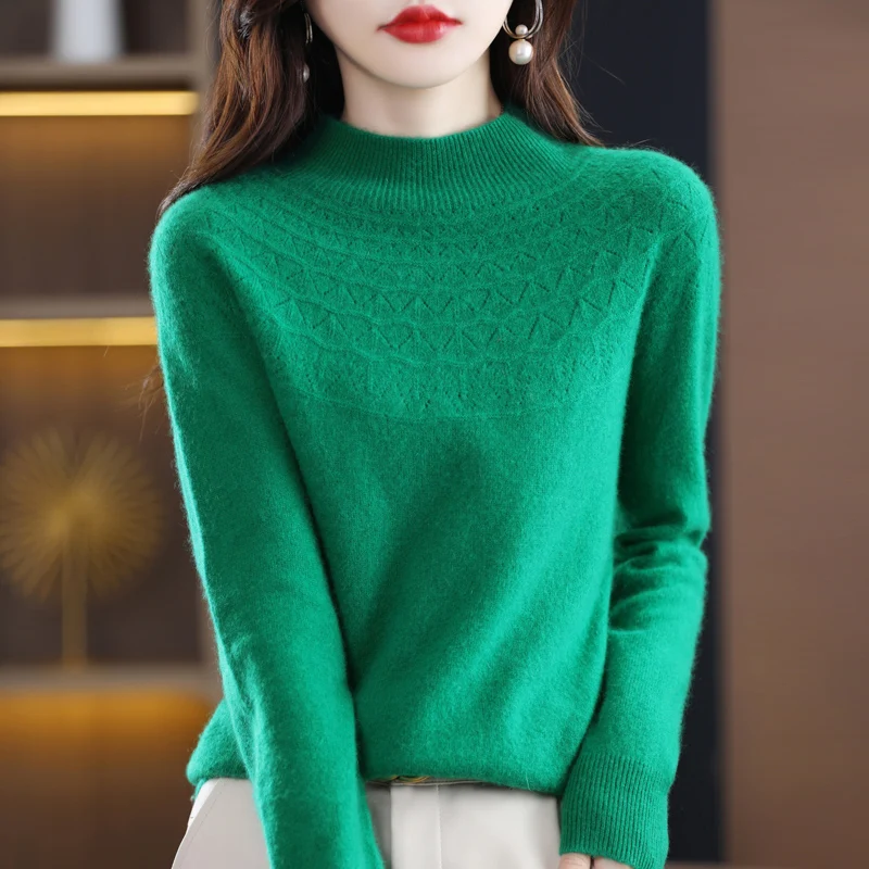 2024 new 100% merino wool semi-turtleneck sweater solid color long-sleeved women\'s knitted openwork sweater loose pullover