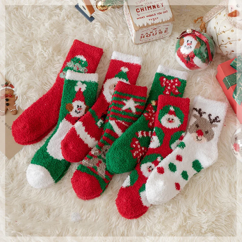 Herbst/Winter Weihnachtssocken Verdickte Socken aus Weihnachtsmann-Elch-Korallensamt Home Holiday Mid-Tube-Socken Schlafbodensocken