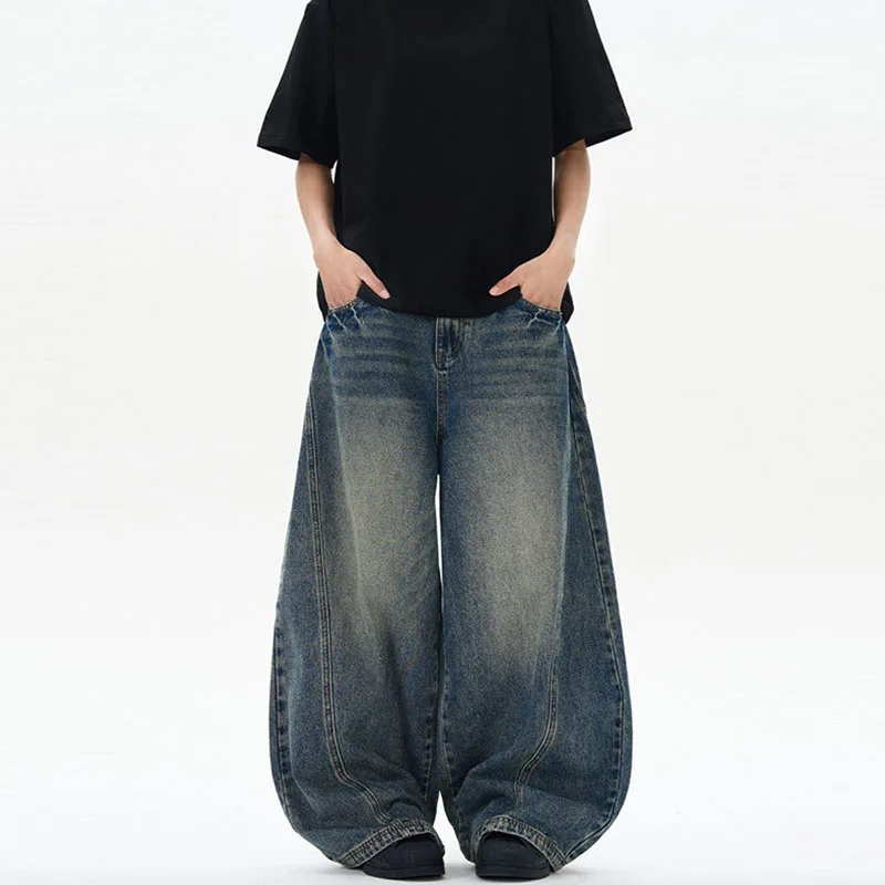 

KIDWHXR Man Denim Pant American Vintage Contrast Color Loose Male Harem Pant High Street Washed Simple Casual Men Trousers