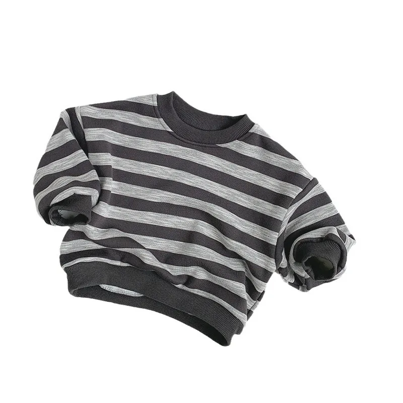 2025 Winter New Children Plus Velvet Thick Sweatshirt Cotton Casual Boys Girls Vintage Striped Pullover Kids Fleece Warm Tops