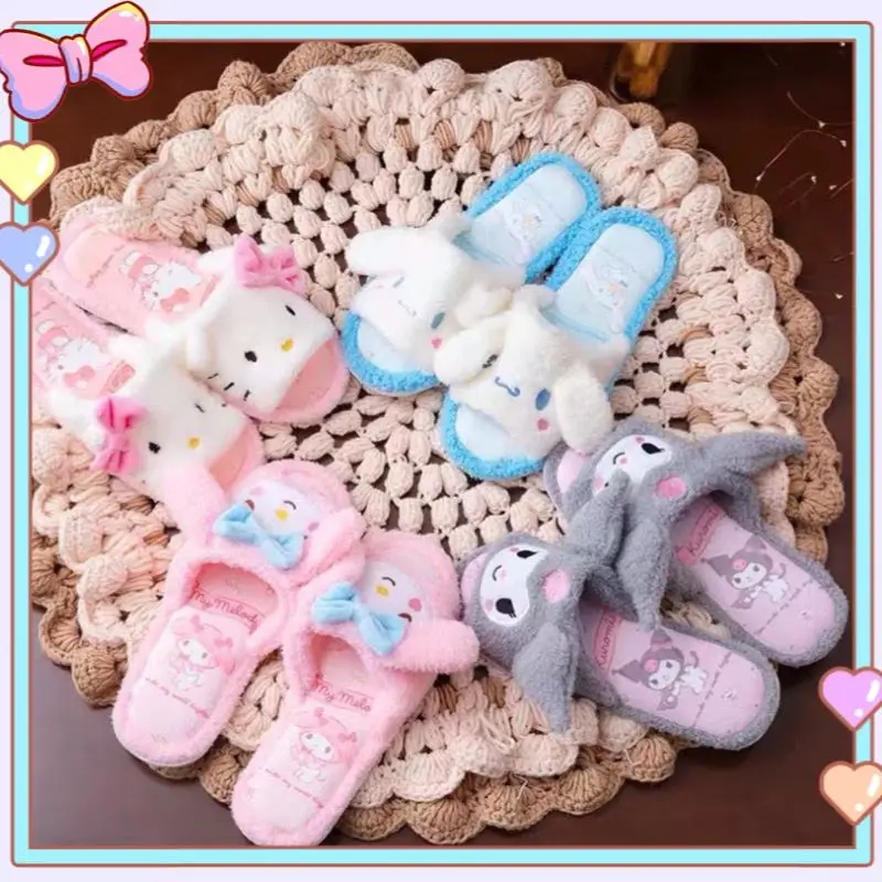 

Sanrio Slippers Girls Cute Cartoon Hello Kitty Kuromi My Melody Plush Shoes Home Indoor Ladies Leisure Animal Flat Comfort Gift