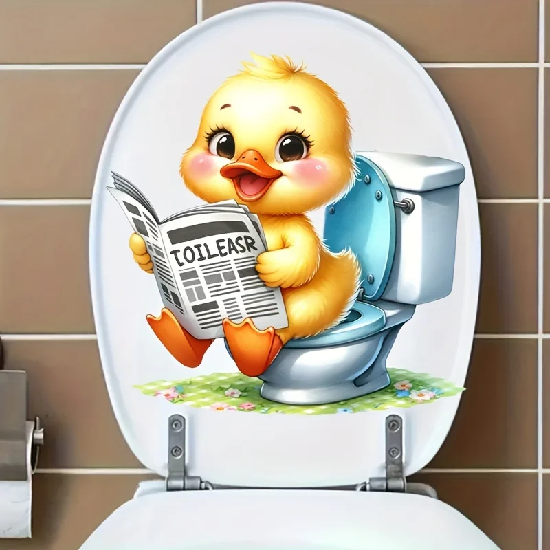 1 Cute Duckling Toilet Sticker - Bathroom Sticker with Smiling Yellow Duckling on Toilet Roll, Self Adhesive Wallpaper Decoratio