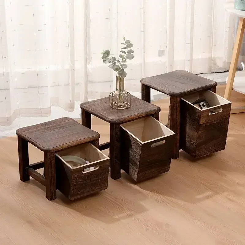 Solid Wood Stool Storage Drawer Nordic Style Entrance Hallway Sofa Bedside Change Shoes Square Bench Low Table Cabinet Ottoman