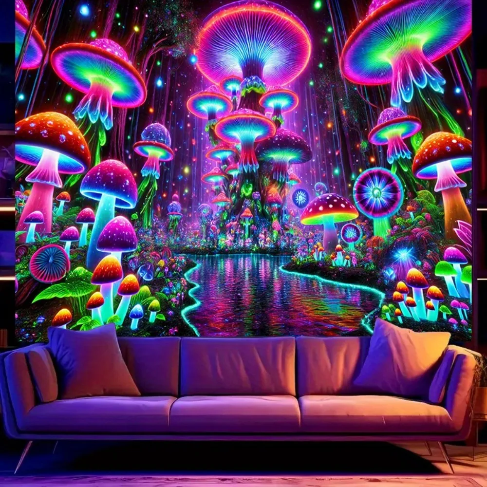 VIKAMA Fantasy Mushroom Forest Tapestry, Fluorescent Psychedelic Wall Hanging for Party, Dorm, Gaming Room, Aesthetic Home Decor