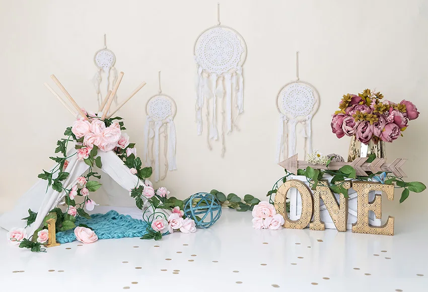 Mehofond التصوير خلفية البوهيمي نمط بالون فتاة صبي 1st حفلة عيد ميلاد كعكة سحق الزينة خلفية استوديو الصور