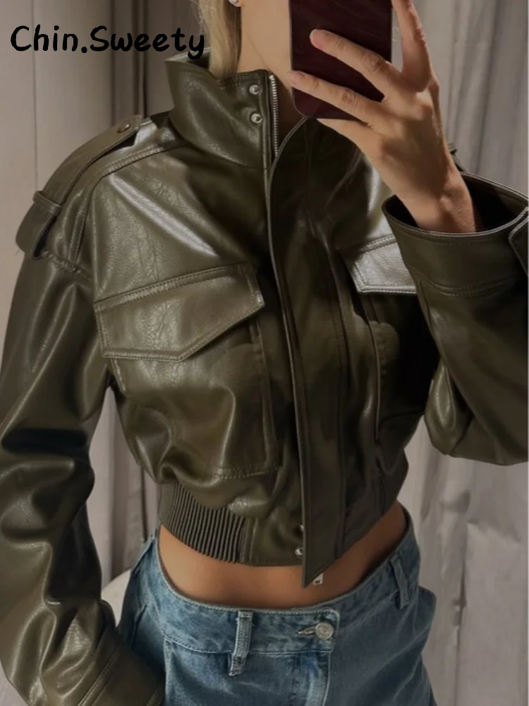 Chaqueta de cuero recortada con bolsillos Vintage para mujer, abrigo holgado con cuello levantado y manga larga con cremallera, prendas de vestir elegantes para mujer 2025