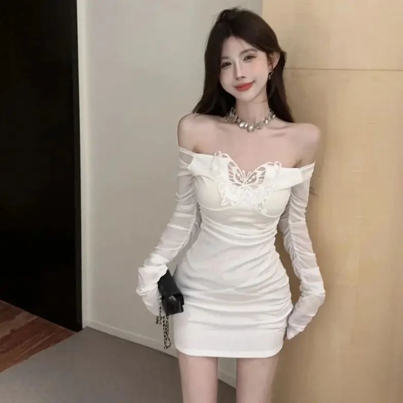 

Three-Dimensional Butterfly One-Line Collar Dress Pure Lust Style Women 2024 Autumn Winter New Style Slim Hot Girl Hip Skirt