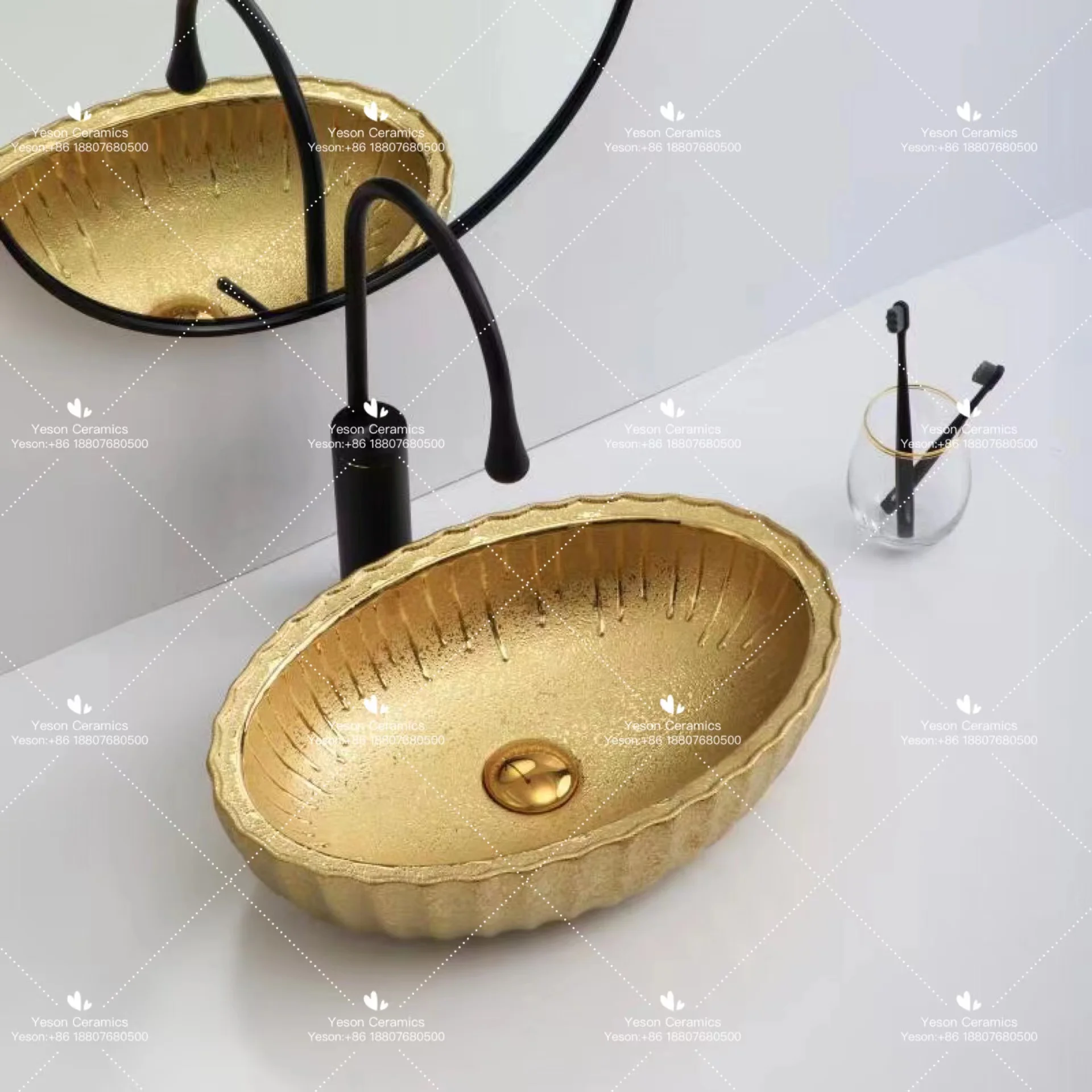 

Раковина-пьедестал в европейском стиле, роскошная, креативная, золотая, овальная, керамическая, художественная, ручной работы, для ванной комнаты