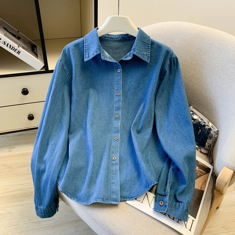 

Простая модная джинсовая рубашка с отложным воротником для женщин, весенняя новинка, ретро, на одной пуговице, с длинным рукавом, свободная блузка, женская куртка-топ