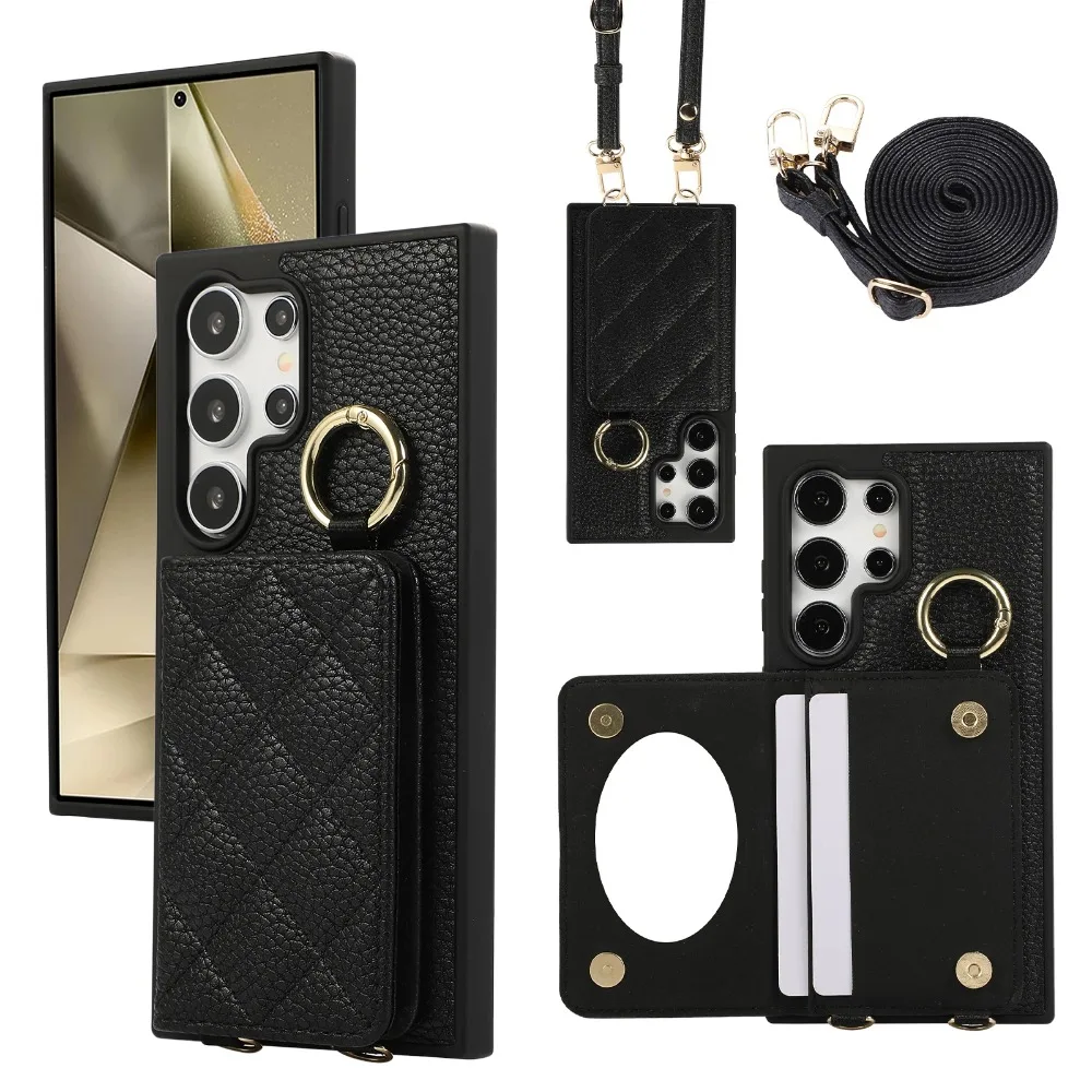 Crossbody Wallet With Card Bracket Phone Case For Samsung Galaxy S26 S25 Ultra Edge S24 S23 S22 Plus Plaid Pattern Leather Cover