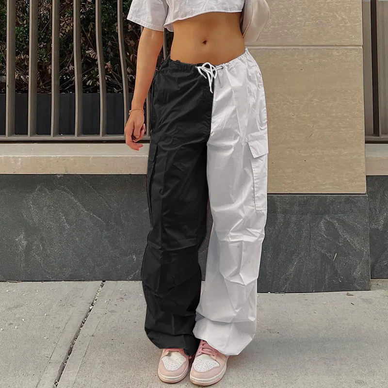 

Hip Hop Rock Women Loose Contrast Mid-waist Multi-pocket Overalls