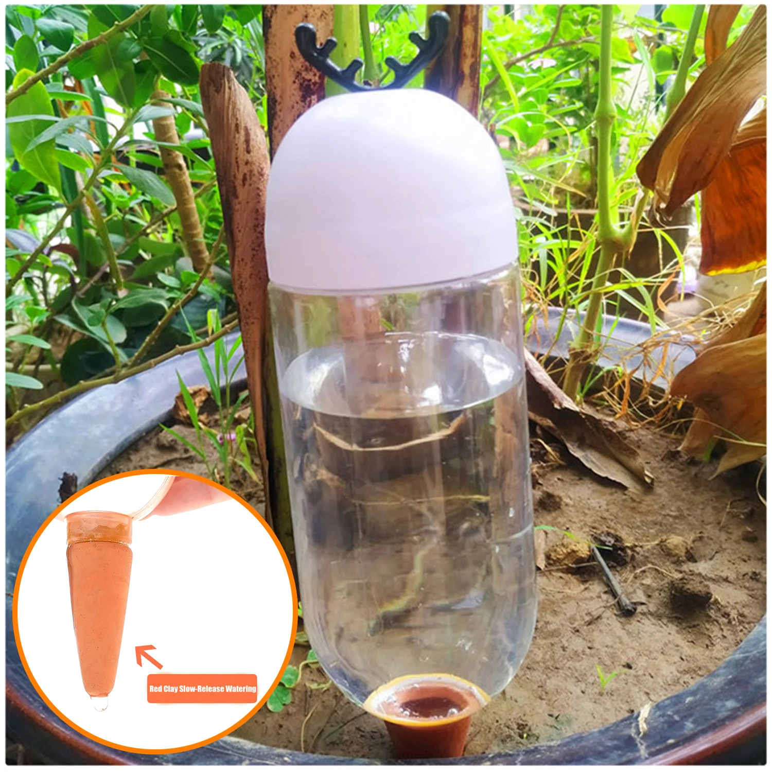 Automatic Self-Watering 500ml Bottle Bonsai Potted Red Clay Slow Release Drip Irrigation Plants Auto Waterer Vacation Plant Care