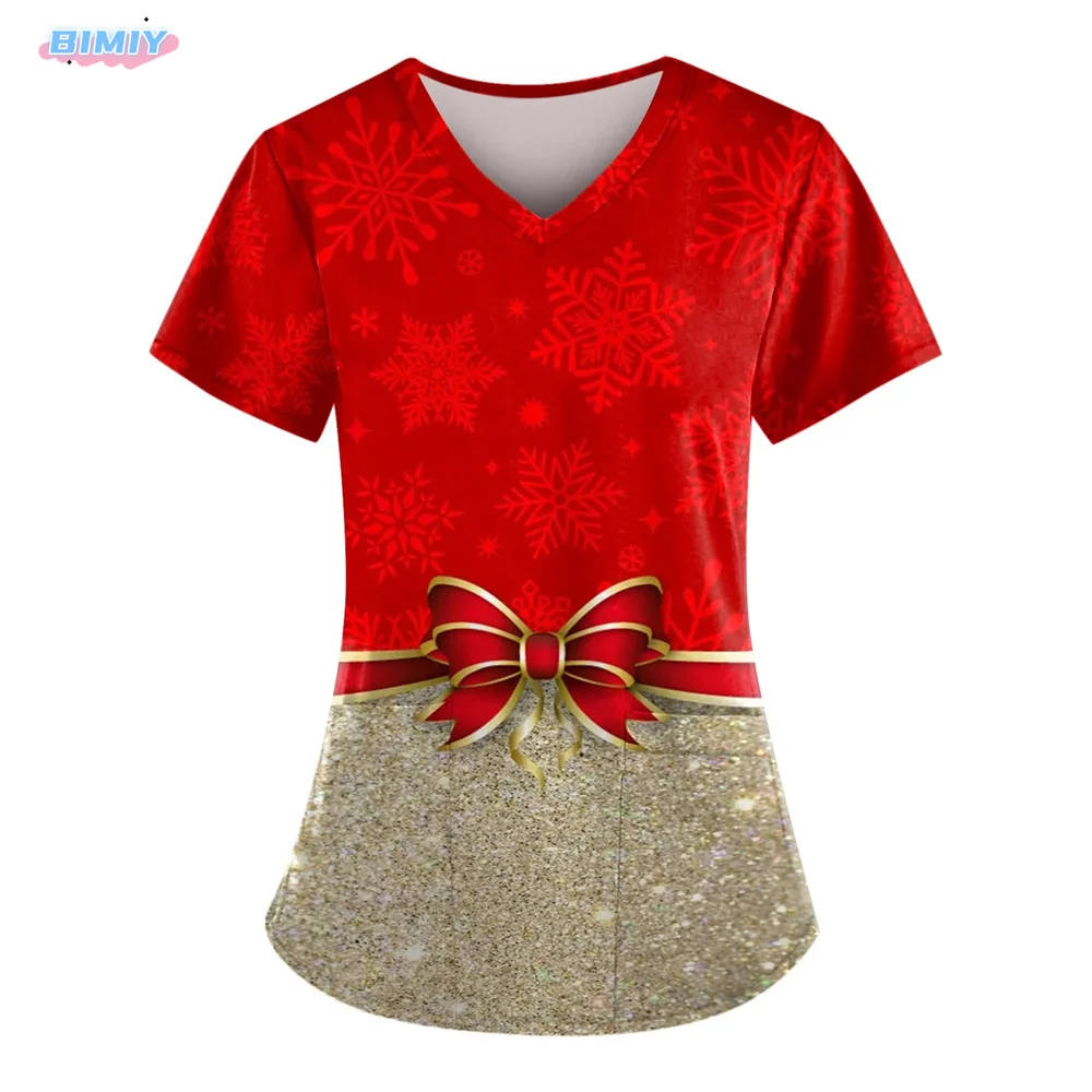 Christmas Scrub Tops Women Pockets Nursing Short Sleeve V Neck Print Christmas Scrubs Tops for Women Plus Size S-5XL Summer