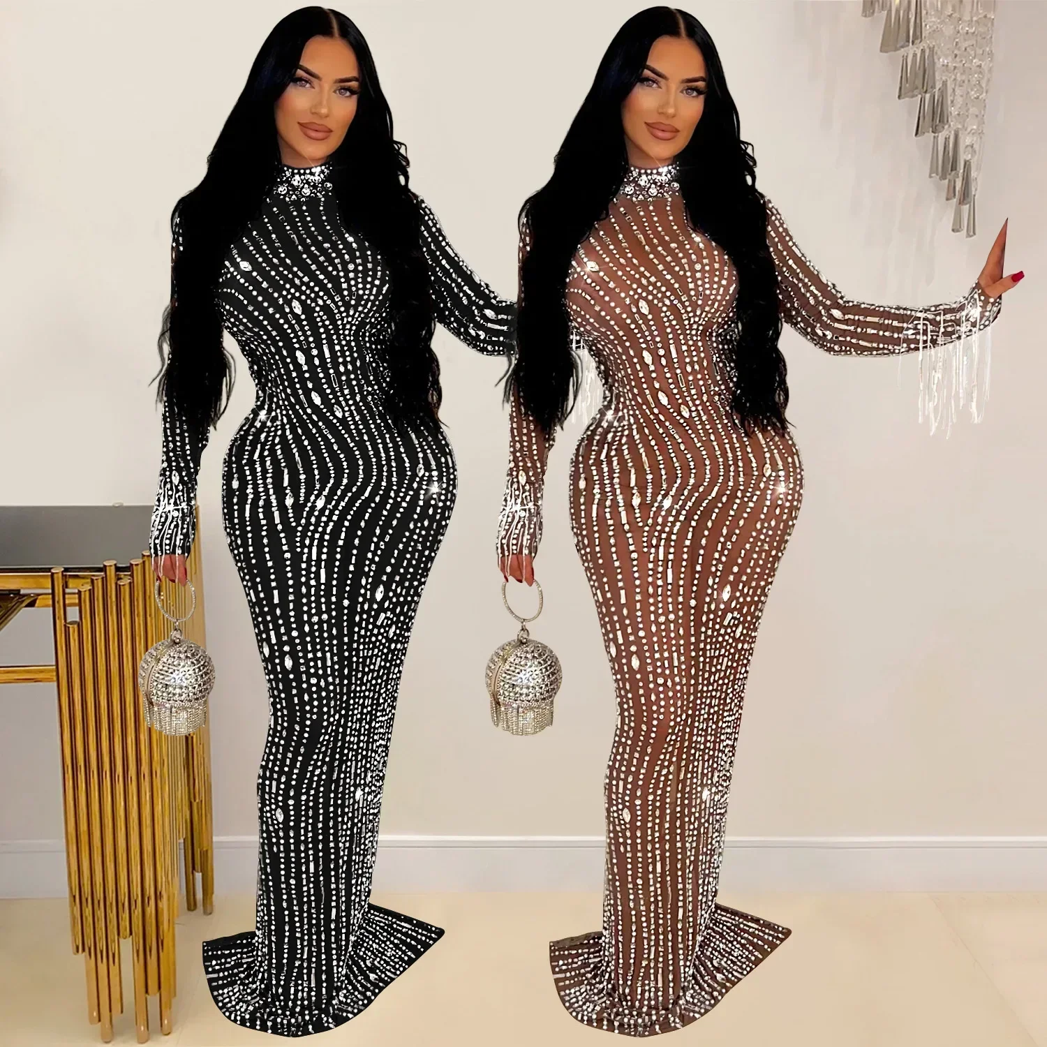 

2024 Women Long Sleeve Mesh See Through Diamonds Hot Rhinestones Bodycon Dress Woman Maxi Long Evening Birthday Dresses