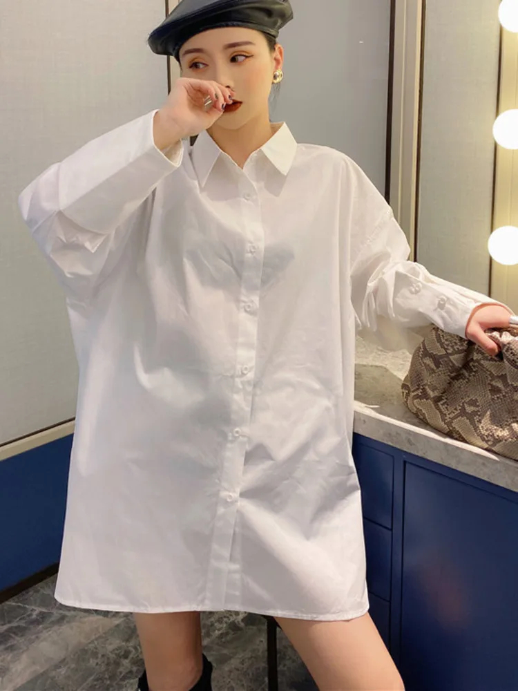 WHTREND قميص أزرق للنساء أنيق BF نمط فضفاض كبير الحجم كم طويل تصميم قمصان متوسطة الطول WH1696 #2