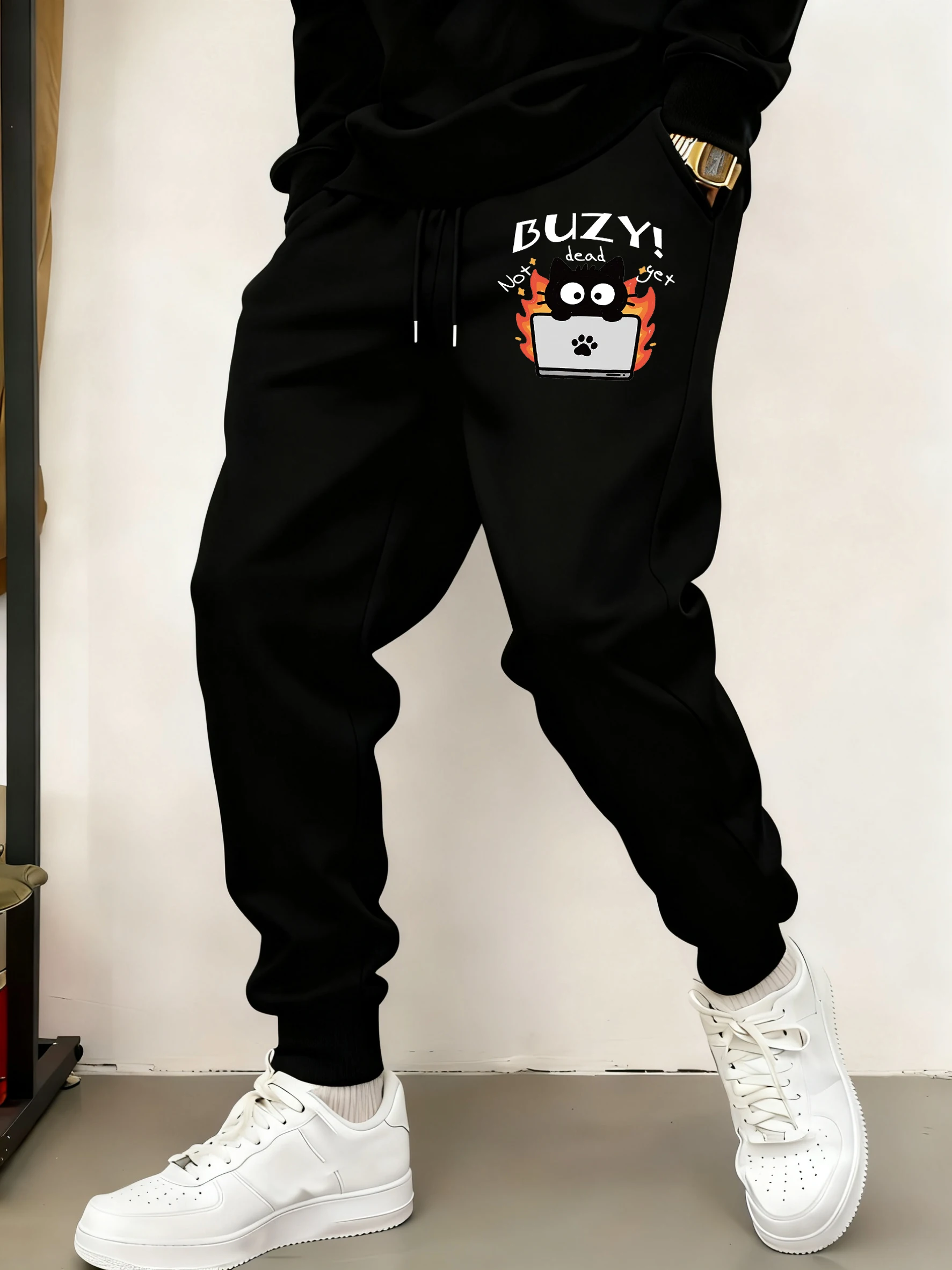 

Креативные занятые рабочие спортивные штаны с черным котом, мужские удобные брюки с карманами, мягкие уличные длинные брюки, флисовые теплые брюки