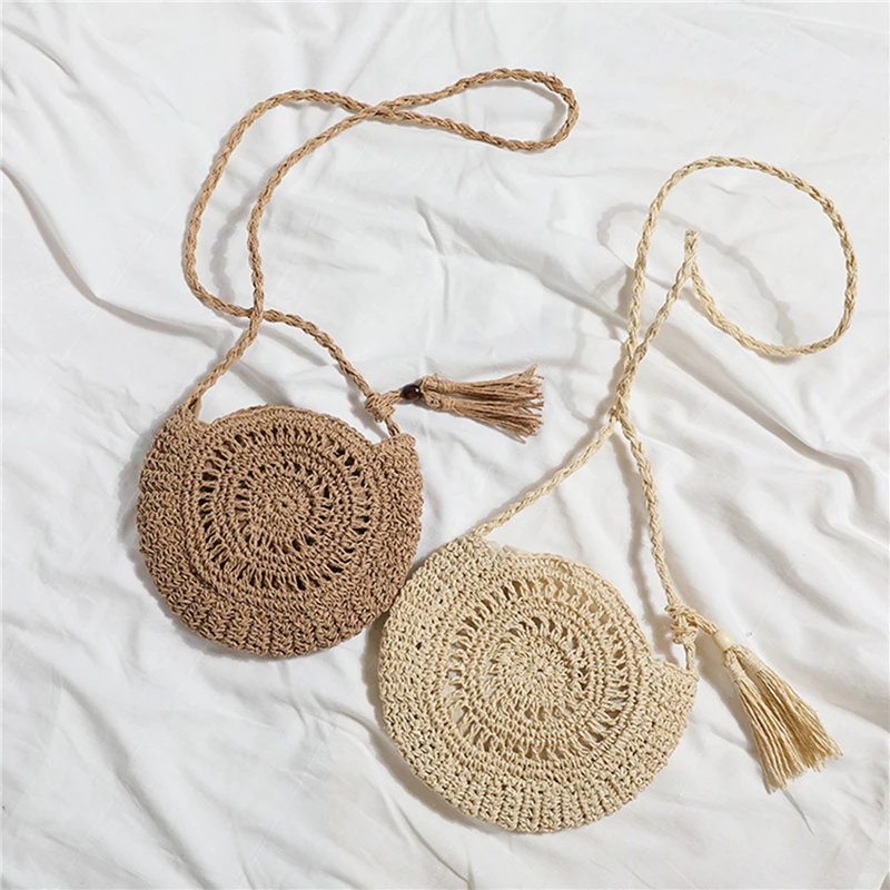 Fashion Round Soft Paper Rope Shoulder Bag Tassel Summer Beach Handmade Crossbody Bags Women Hollow Straw Bag Circle Rattan Bag