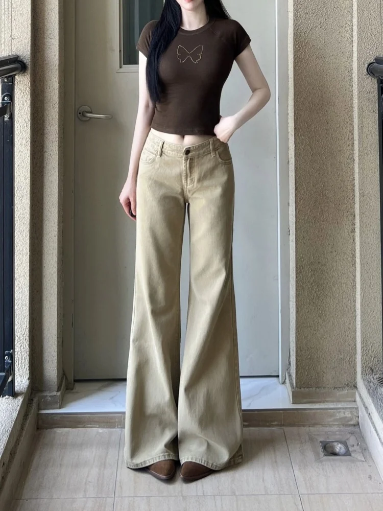 

Широкие джинсы с низкой талией, женские брюки-колокольчики в американском стиле, осенние свободные брюки цвета хаки, драпированная облегающая версия