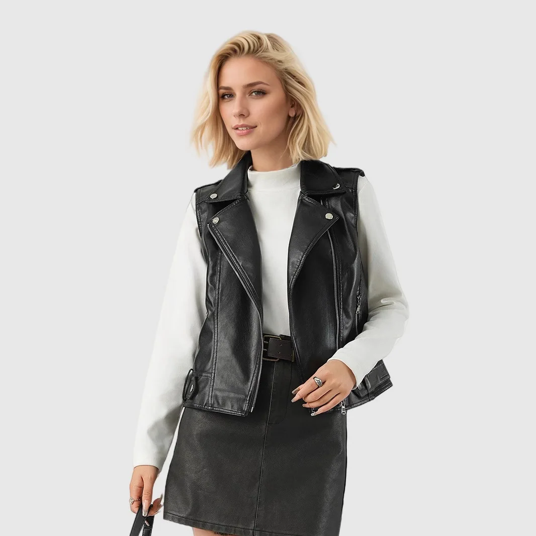 

Женская кожаная безрукавка KIDCRKJ 2026 черного цвета с отложным воротником, модная куртка-бомбер без рукавов, стильное пальто для женщин в уличном стиле