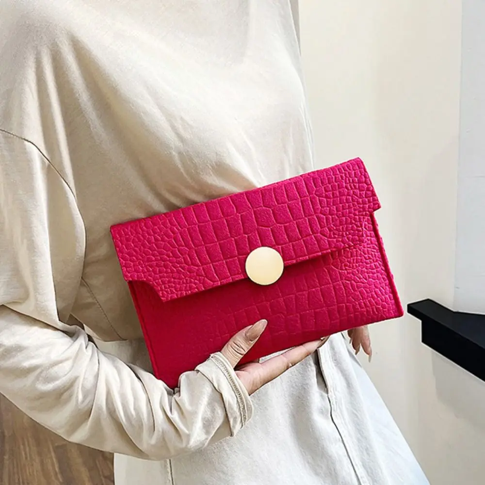 Pu Leather Envelope Evening Bag Korean Style Solid Color Ladies Clutch Bag Felt Crocodile Pattern Buckle Handheld Bag Vacation