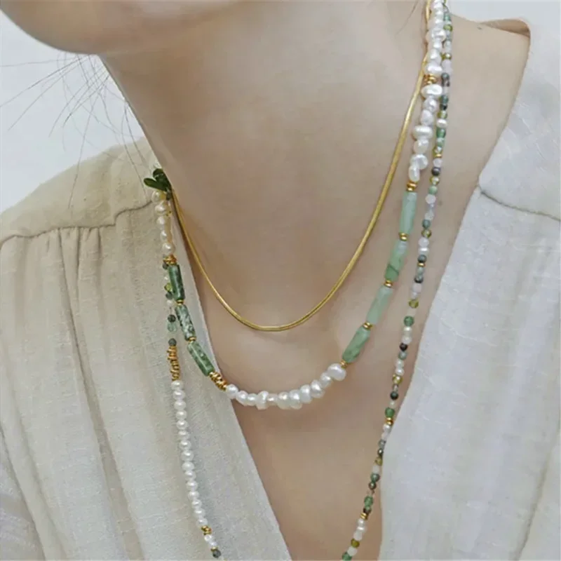 925 Silver Natural Pearl Xiuyan Jade Peridot Female Necklace Vintage National Trend Temperament Versatile Niche Clavicle Chain