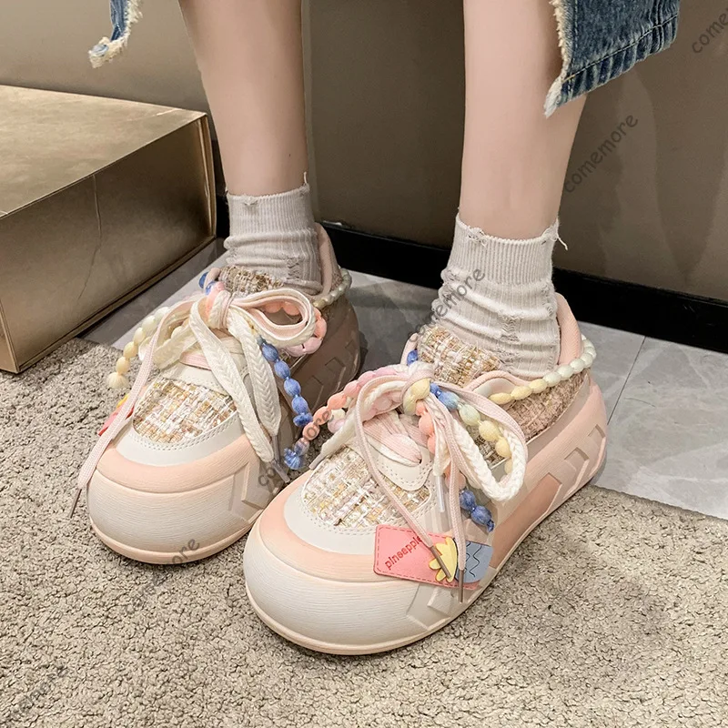 

Kawaii Platform Skate Sneakers for Women Multi Color Thick Laces Round Toe Thick Sole Street Style Woman Fashion Casual Shoes