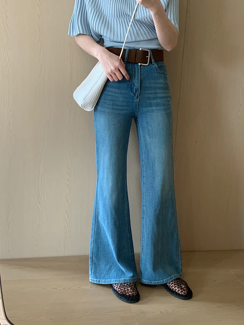 

High Waist Flared Jeans Commute Elegant Women's Summer New Korean Style Long Leg Illusion Cotton Stretchy Natural Waist