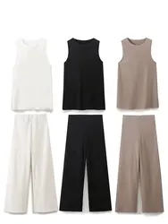 HH 2025 Summer Women Vest Pant Sets O Neck Sleeveless T-Shirt Elastic Waist Loose Trousers Casual Woman Vintage Solid Suit